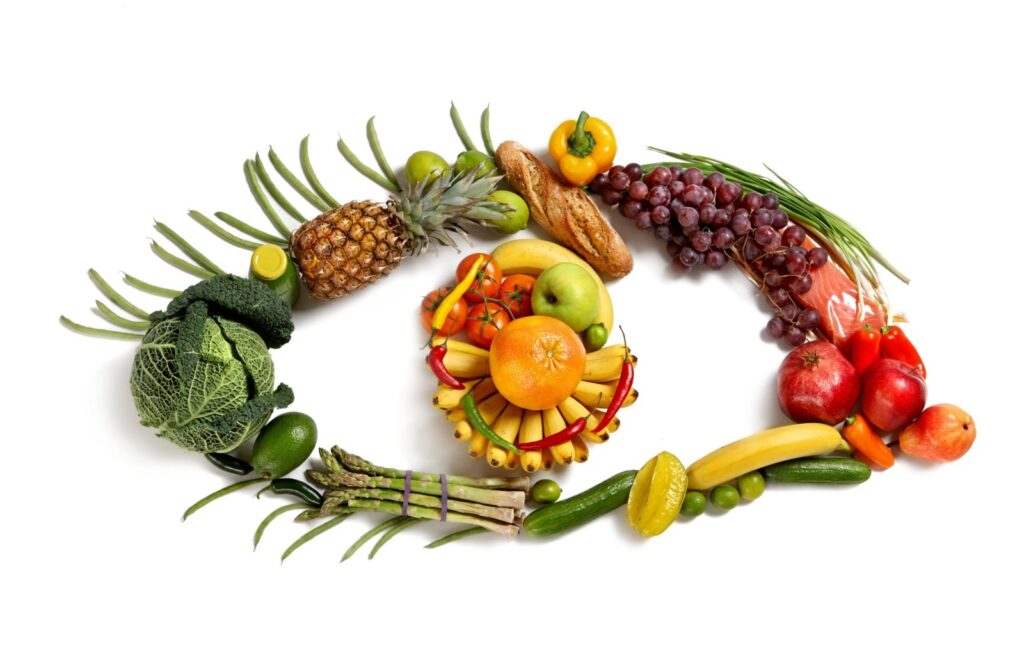 Fruits laid out on a white background in the shape of an eye