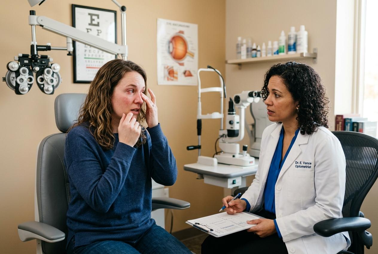 Optometrist with clipboard talks to a patient who touches her eye in an exam room with a phoropter and eye chart.