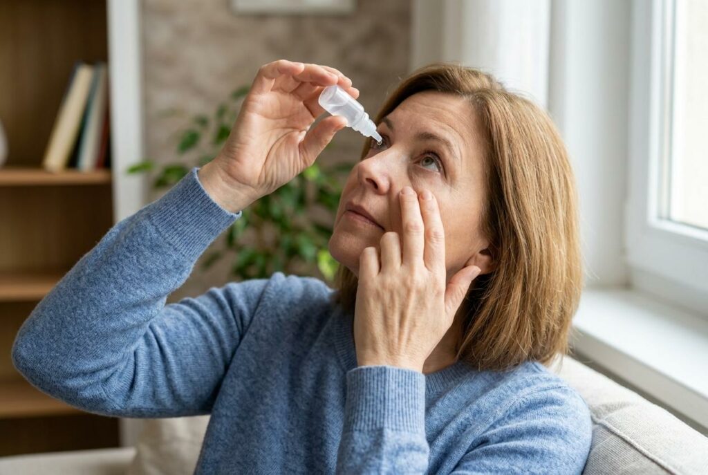 Woman in a blue sweater applying eye drops into her eye while seated indoors near a window.