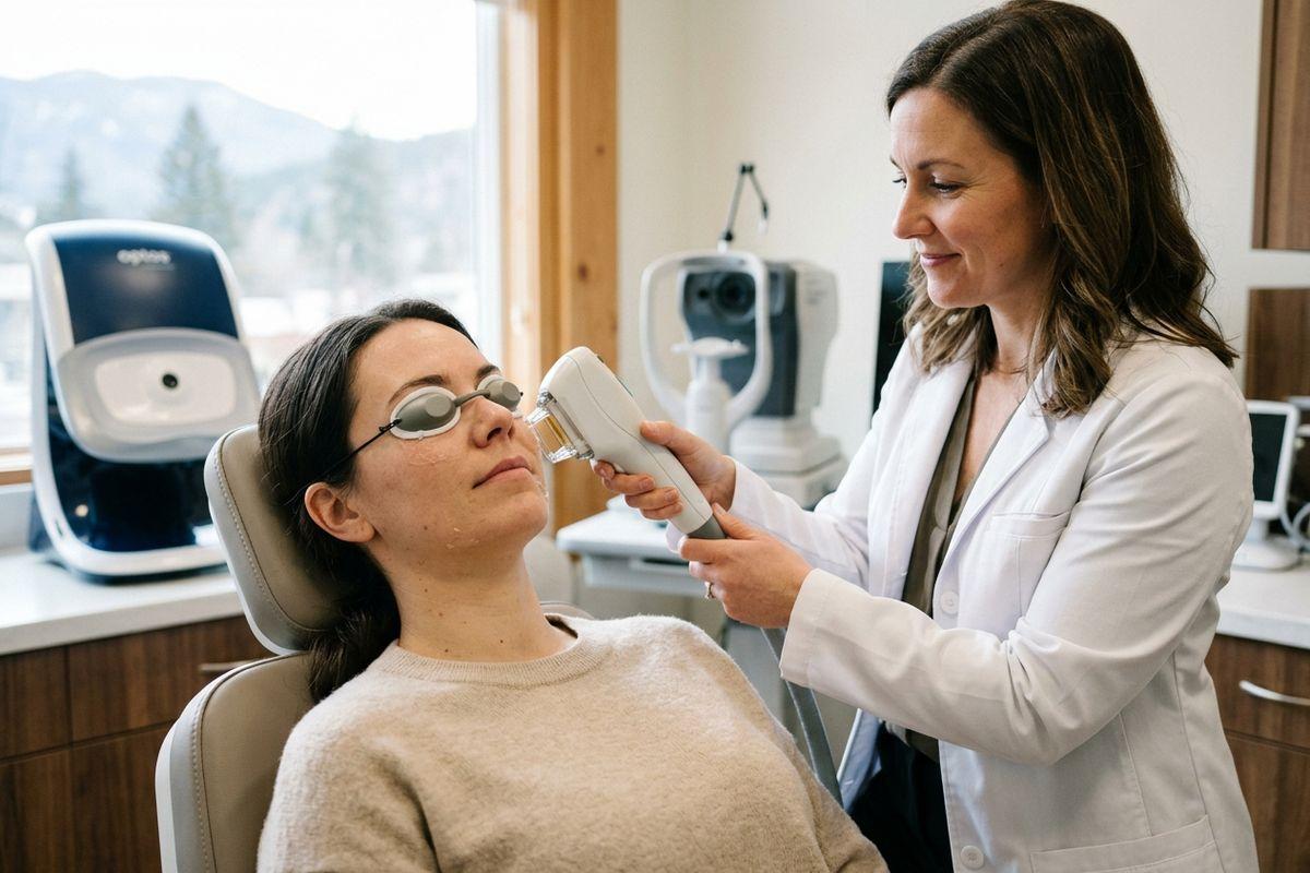 Clinician in white coat uses a handheld light device on the face of a reclining patient wearing protective eye shields in a clinic room.