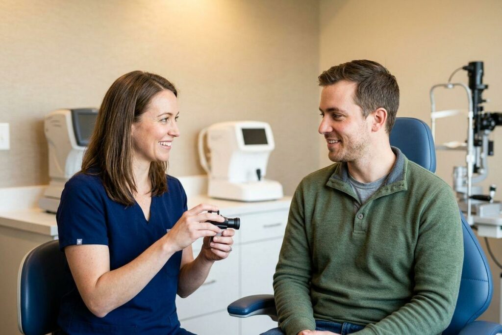 Optometrist holding a small handheld instrument, smiling at a patient seated in an exam chair beside eye testing equipment.