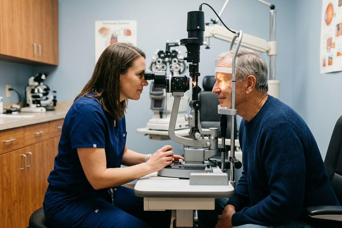 Optometrist looks through a slit lamp to examine an older adult's eyes in an exam room, patient's chin resting on the headrest.