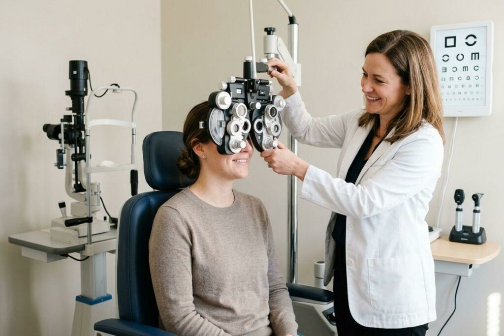 Smiling optometrist adjusts a phoropter in front of a seated patient's eyes during an eye exam, with an eye chart on the wall.