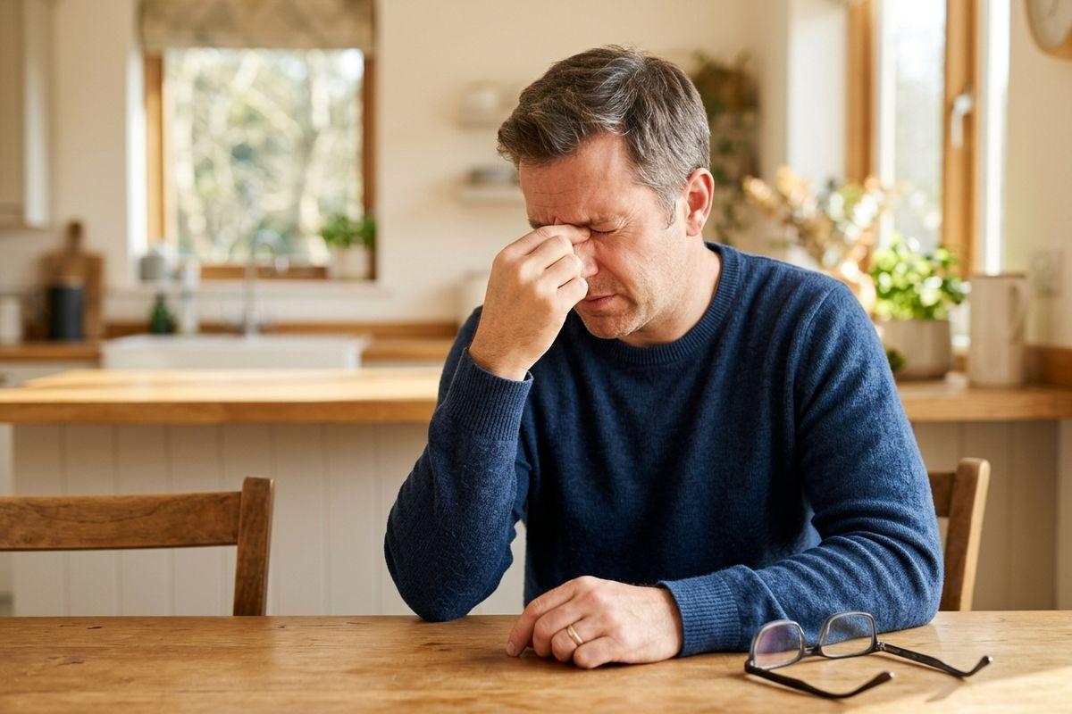 Adult sitting at a kitchen table, pinching the bridge of their nose with eyes closed, glasses resting on the table nearby.