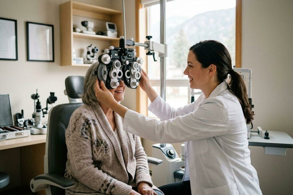 Optometrist fitting a phoropter over a smiling older adult's eyes during an eye exam in a clinic.